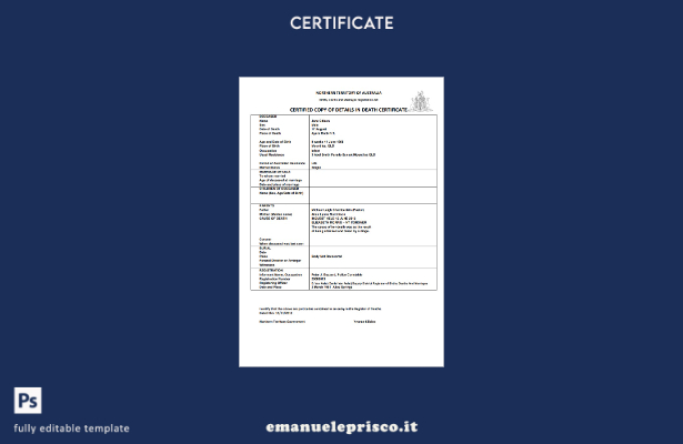 modello di certificato di morte dell'Australia del Territorio settentrionale del